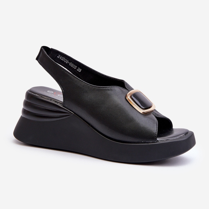 Kilsandaler i läder för kvinnor med dekoration, svart Salvania 1