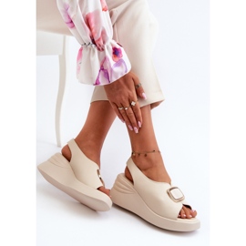 Läder Kilsandaler för kvinnor med dekoration, Beige Salvania 1