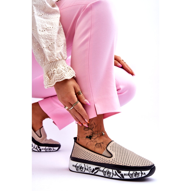 S.Barski Genombrutna lädersneakers för kvinnor Slip-On Beige Sorito 3