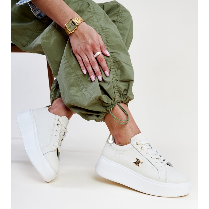 Ljusbeige lädersneakers med hög sula, Melita 1