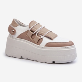 Zazoo 1833 Sneakers i läder för kvinnor med en massiv sula, beige och vit 2