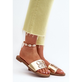 Damflip-flops med ekologisk läderdekoration på en platt klack, guld Sadria gyllene 2