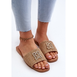 Platta flip-flops för kvinnor med fläta och dekoration, Beige Omenna 5