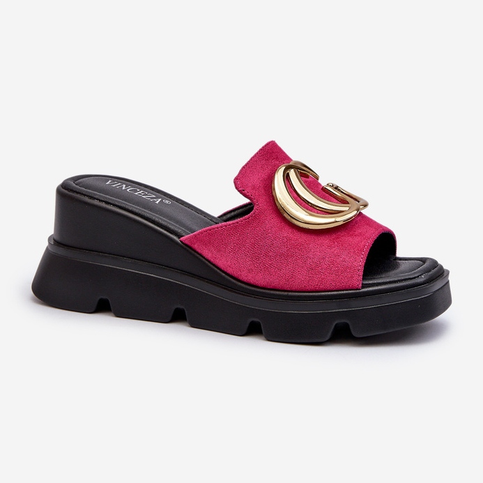 Vinceza Damflip-flops gjorda av ekomocka på en kil och en plattform med gulddekor Fuchsia Iaria rosa 1