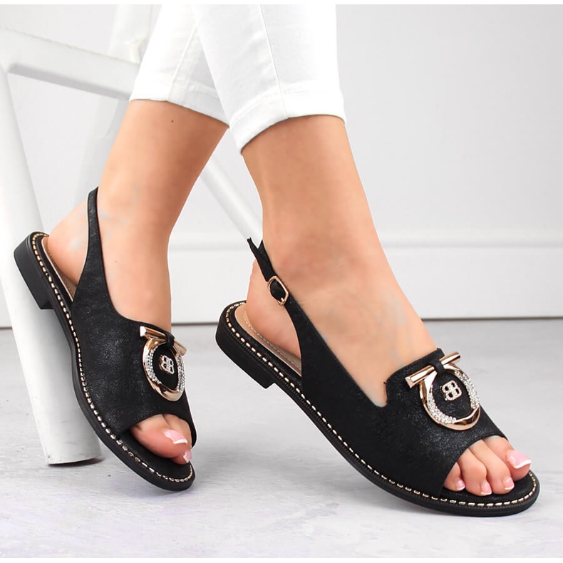 Bekväma damsandaler med dekoration, svart S.Barski 053 1