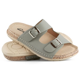 Bekväma grå damflip-flops med två spännen och en lädersula 1