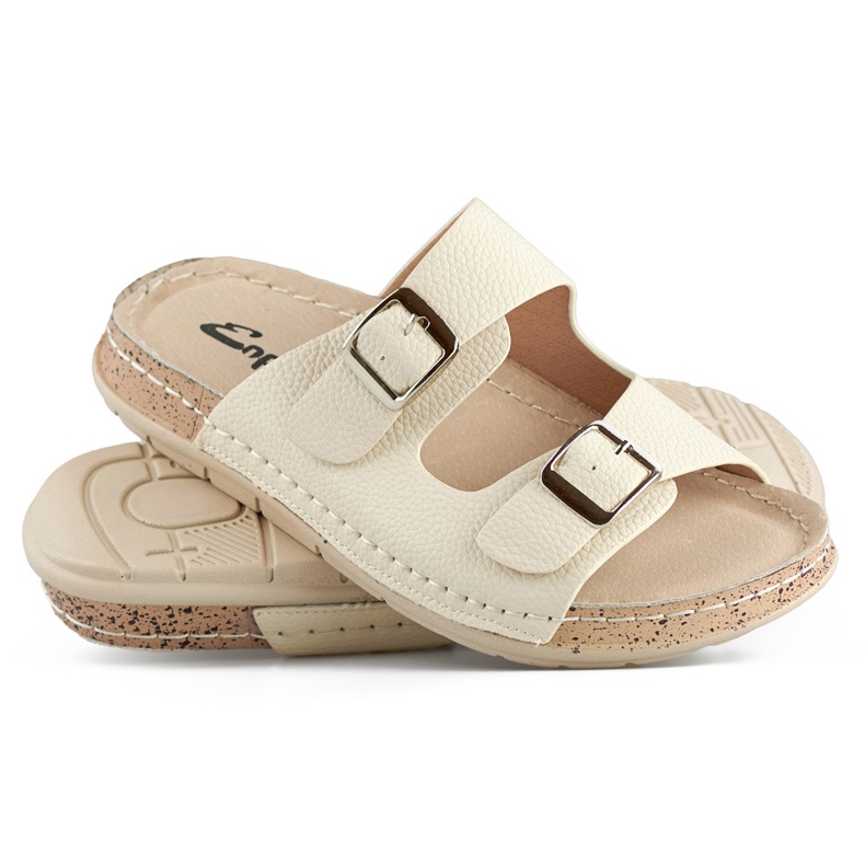 Bekväma beige flip-flops för kvinnor med två spännen och en innersula i läder 1