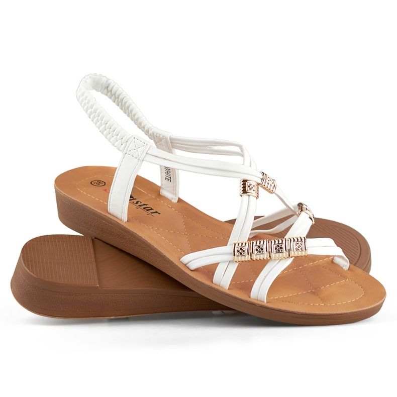 Damsandaler med resårband med gulddekor vit 1