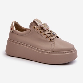 Sneakers i läder för kvinnor med dekorationer CheBello 4292 Beige 1