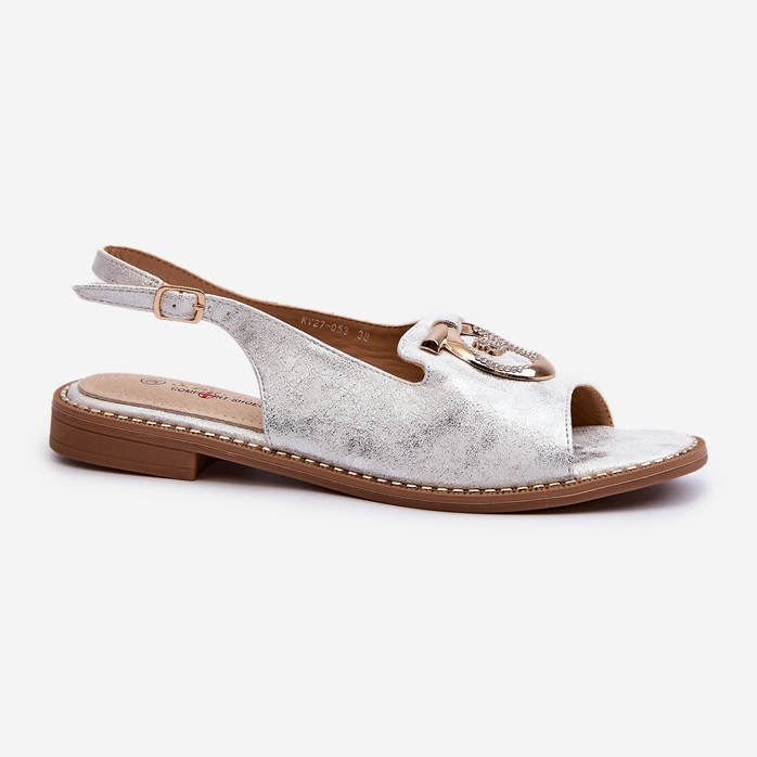 Eleganta damsandaler med gulddekor på platta klackar, silver S.Barski KV27-053 1