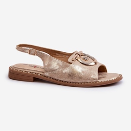 Eleganta damsandaler med gulddekor på platta klackar, guld S.Barski KV27-053 gyllene 1