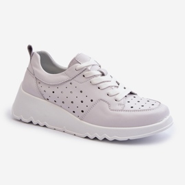 Genombrutna wedge sneakers för kvinnor, naturligt läder, ljusgrå S.Barski LR482 1