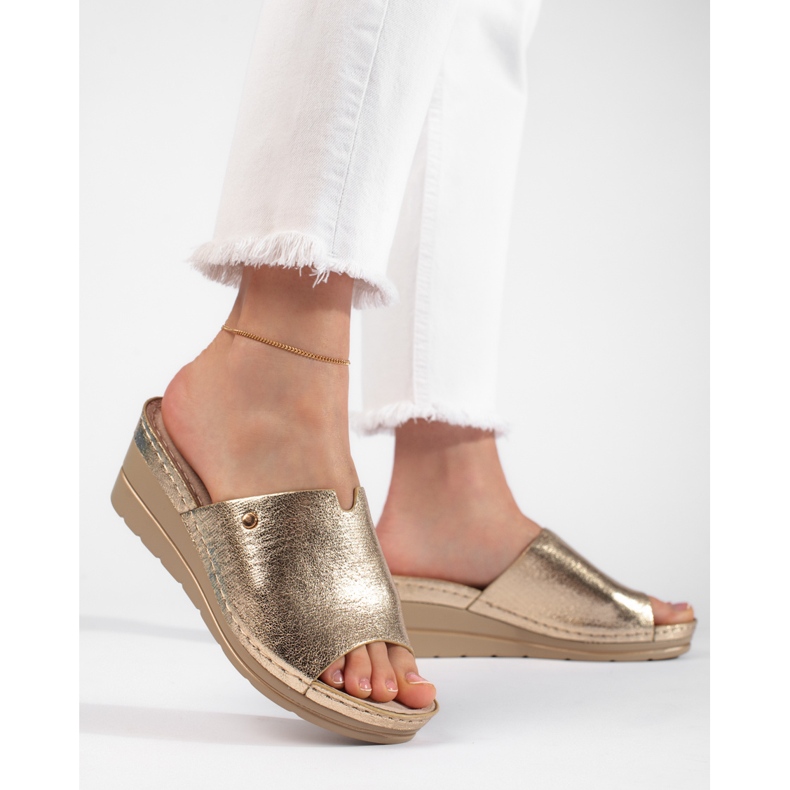 Guld wedge tofflor för kvinnor gyllene 1