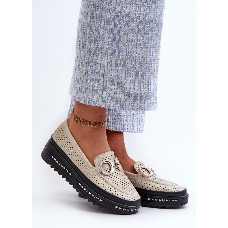 Blanka lädermockasiner för kvinnor på plattformen med dekoration S.Barski LR750 guld gyllene 2