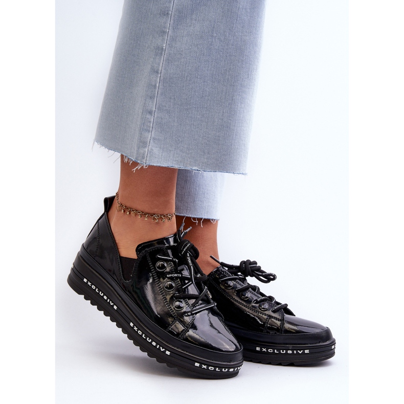 Snörskor för kvinnor på plattform Naturläder S.Barski LR620 Svart 2