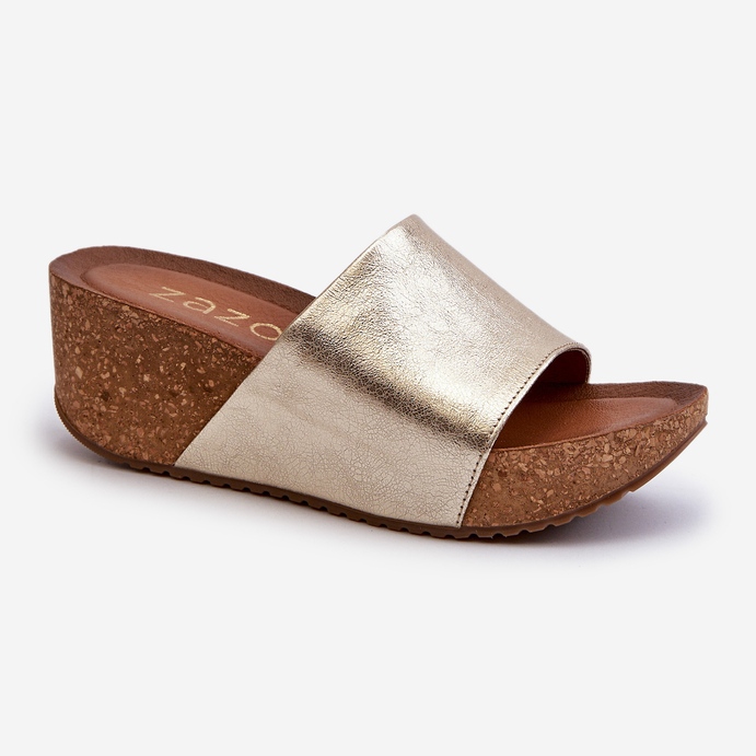 Zazoo 40289 flipflops i läder för kvinnor med en korkkil, guld gyllene 1