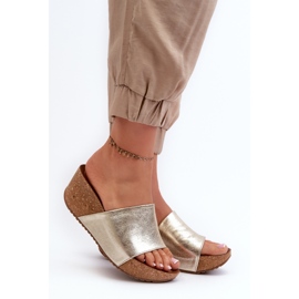 Zazoo 40289 flipflops i läder för kvinnor med en korkkil, guld gyllene 2