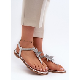 Platta sandaler för kvinnor med en dekorativ blomma, Silver Edoni 1
