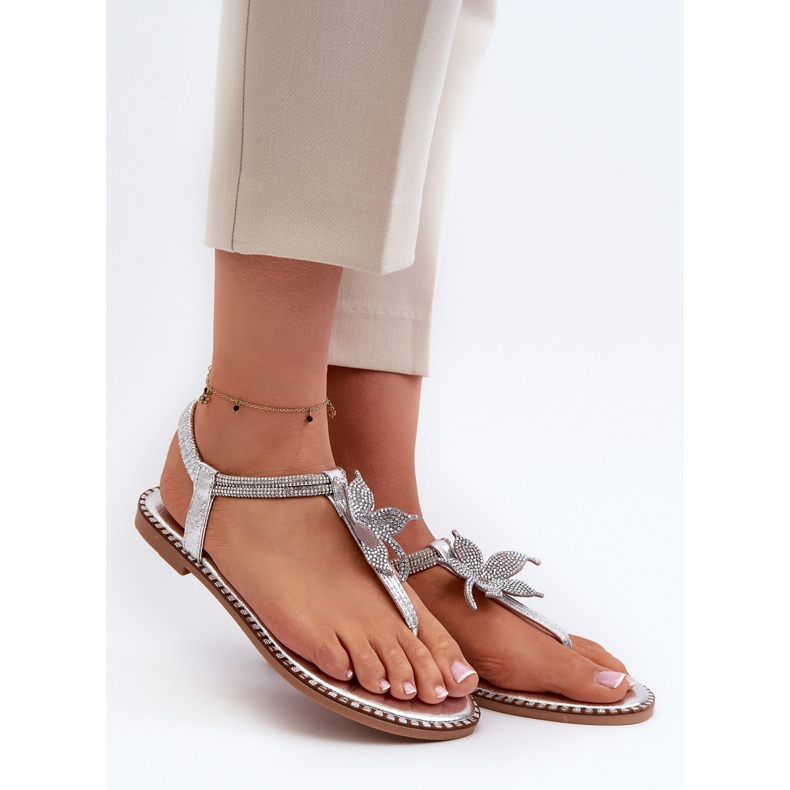Platta sandaler för kvinnor med en dekorativ blomma, Silver Edoni 1
