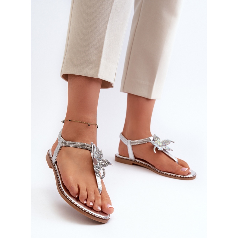Platta sandaler för kvinnor med en dekorativ blomma, Silver Edoni 2