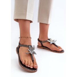 Platta sandaler för kvinnor med en dekorativ blomma, Black Edoni svart 2