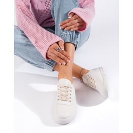 Vita damsneakers med beige snörning 1