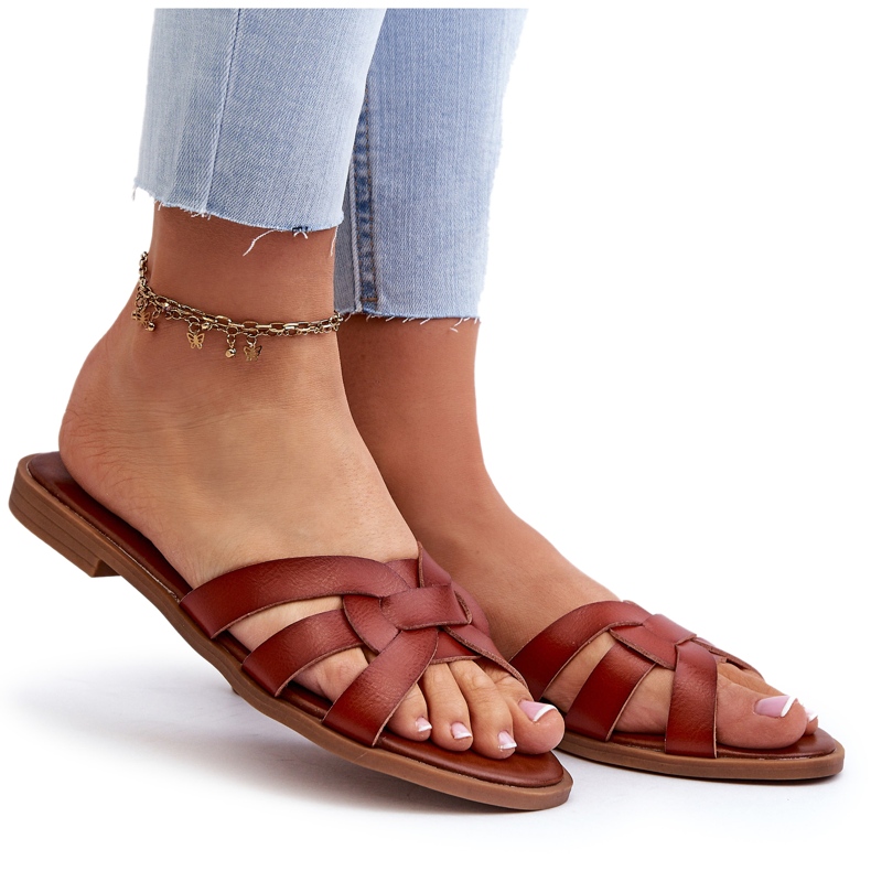 Evento Platta flip-flops för kvinnor gjorda av ekologiskt läder, brunt 4