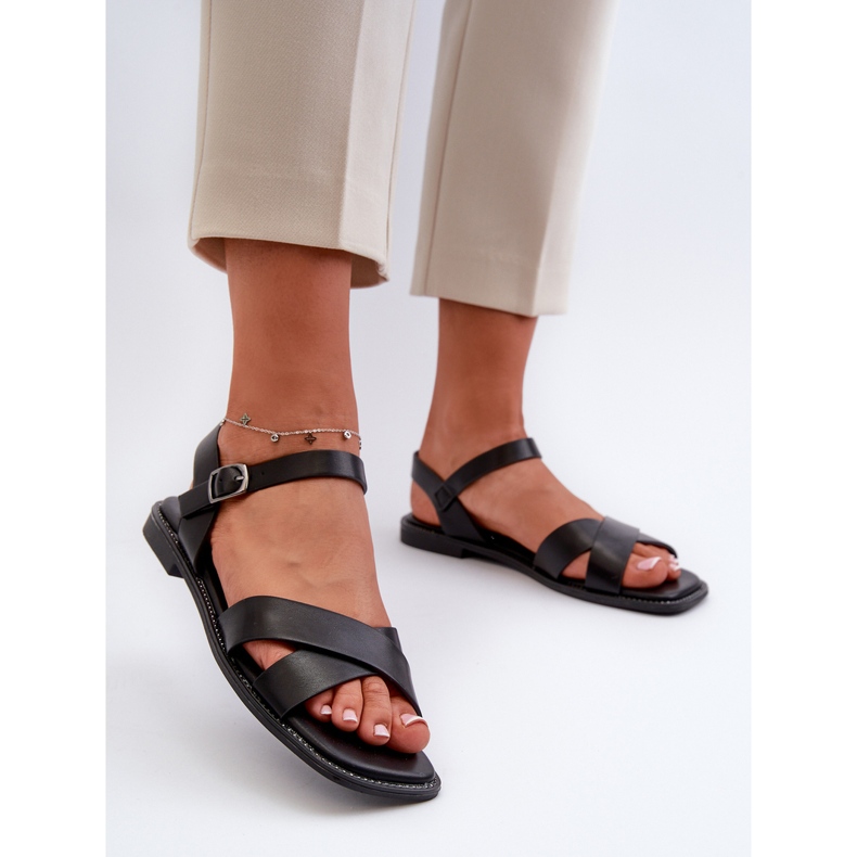 Platta damsandaler gjorda av ekologiskt läder S.Barski KV27-003 Svart 2