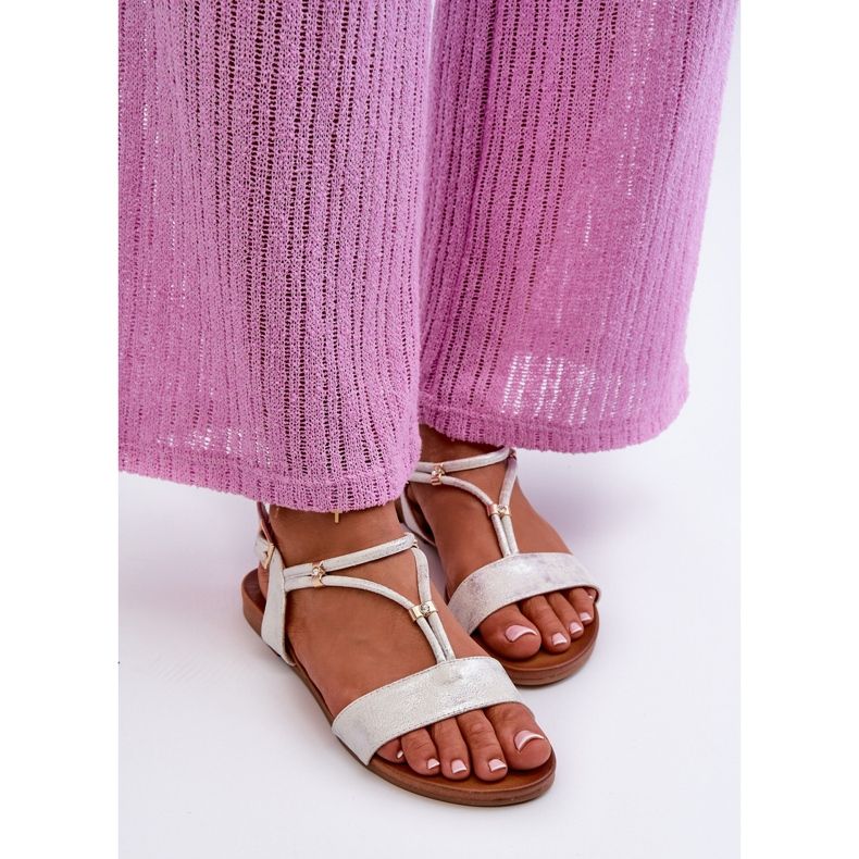 Platta sandaler för kvinnor med remmar S.Barski KV27-010 Vit och Silver silver- 2