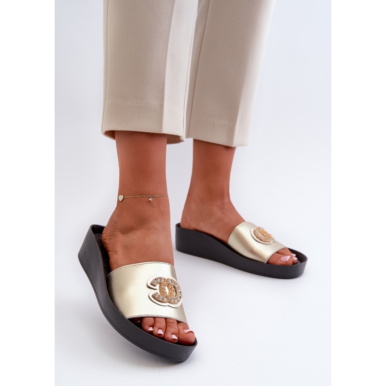 Eleganta, lätta damflipflops med dekoration, naturläder S.Barski KV27-013, guld gyllene 2