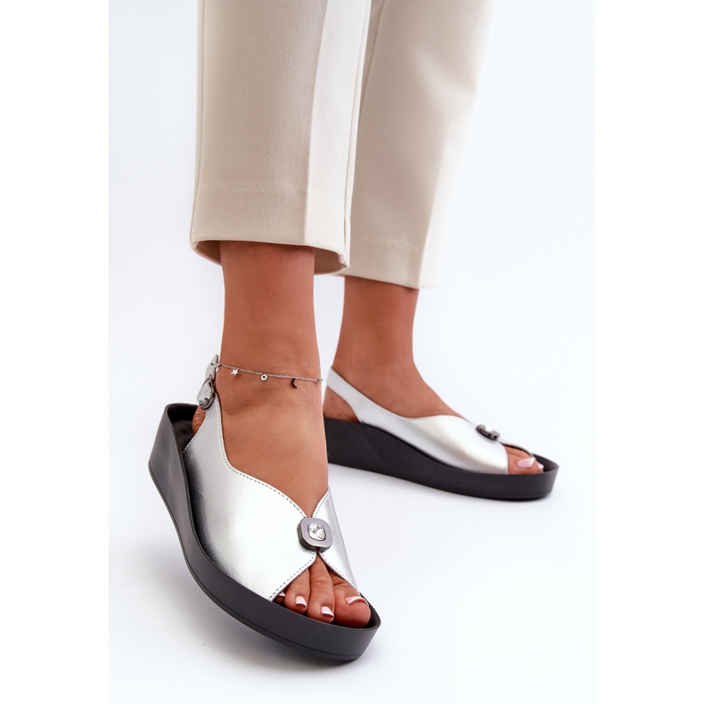 Lädersandaler damer på kil och plattform S.Barski KV27-020 Silver silver- 1