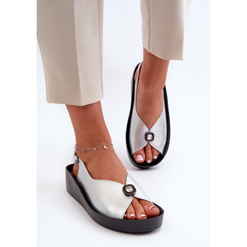 Lädersandaler damer på kil och plattform S.Barski KV27-020 Silver silver- 2