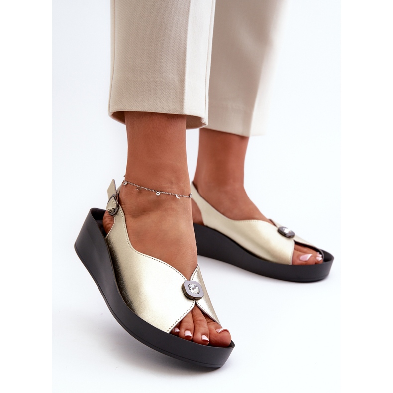 Lädersandaler damer på kil och plattform S.Barski KV27-020 Guld gyllene 2