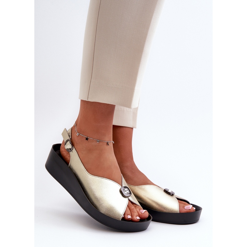 Lädersandaler damer på kil och plattform S.Barski KV27-020 Guld gyllene 1