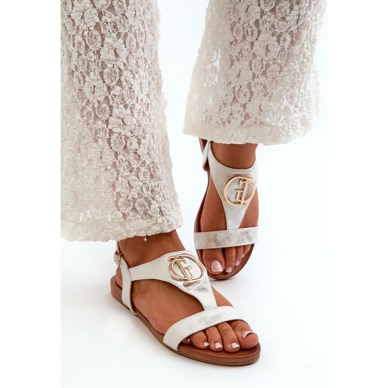 Platta sandaler för kvinnor med gulddekor S.Barski KV27-051 Vit och Silver 1