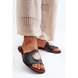 Zazoo 2938 Platta flipflops i läder med dekoration, svart 2