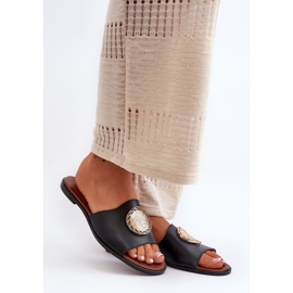 Zazoo 2938 Platta flipflops i läder med dekoration, svart 1