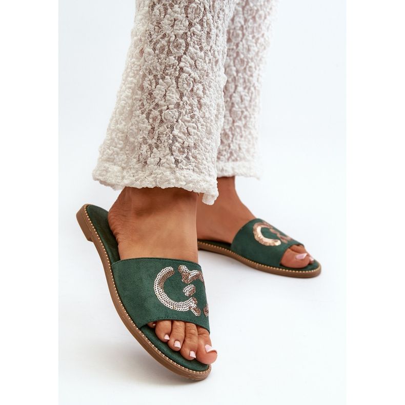 Platta flipflops för kvinnor med paljetter S.Barski KV27-052 Grön 2