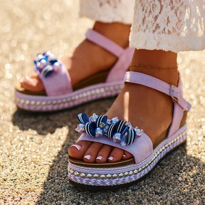 Damsandaler på kil och plattform med dekorationer S.Barski HY056 Lila violett 2