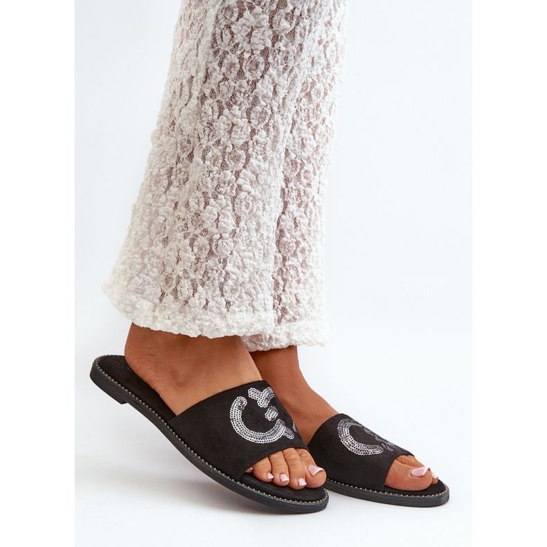 Platta flipflops för kvinnor med paljetter S.Barski KV27-052 Svart 2