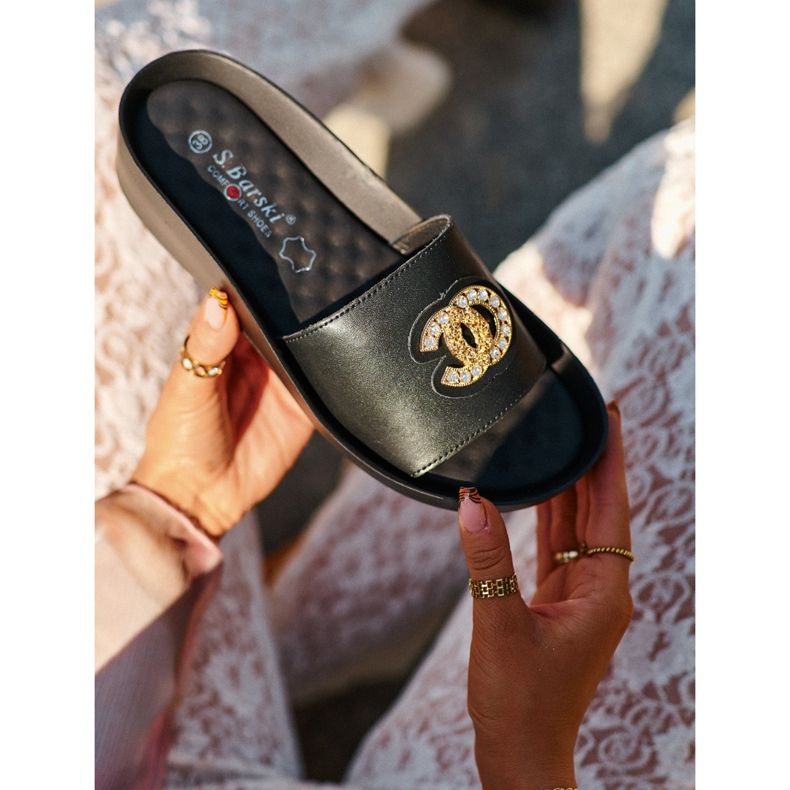 Eleganta, lätta damflip-flops med dekoration, naturläder S.Barski KV27-013, svart 2