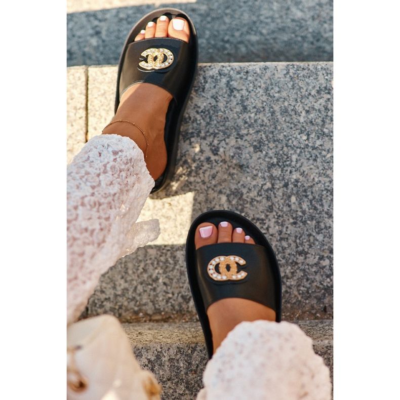 Eleganta, lätta damflip-flops med dekoration, naturläder S.Barski KV27-013, svart 1