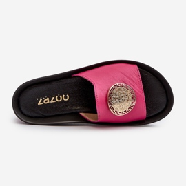 Zazoo 2920 flip-flops i läder för kvinnor med gulddetaljer Fuchsia rosa 1