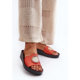 Zazoo 2920 flip-flops i läder för kvinnor med gulddetaljer, orange 2