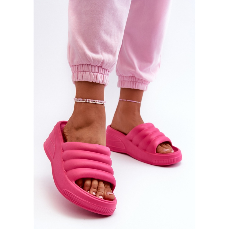 Lättviktsflip-flops i skum för kvinnor på kil och plattform, Fuchsia Tendrea rosa 2