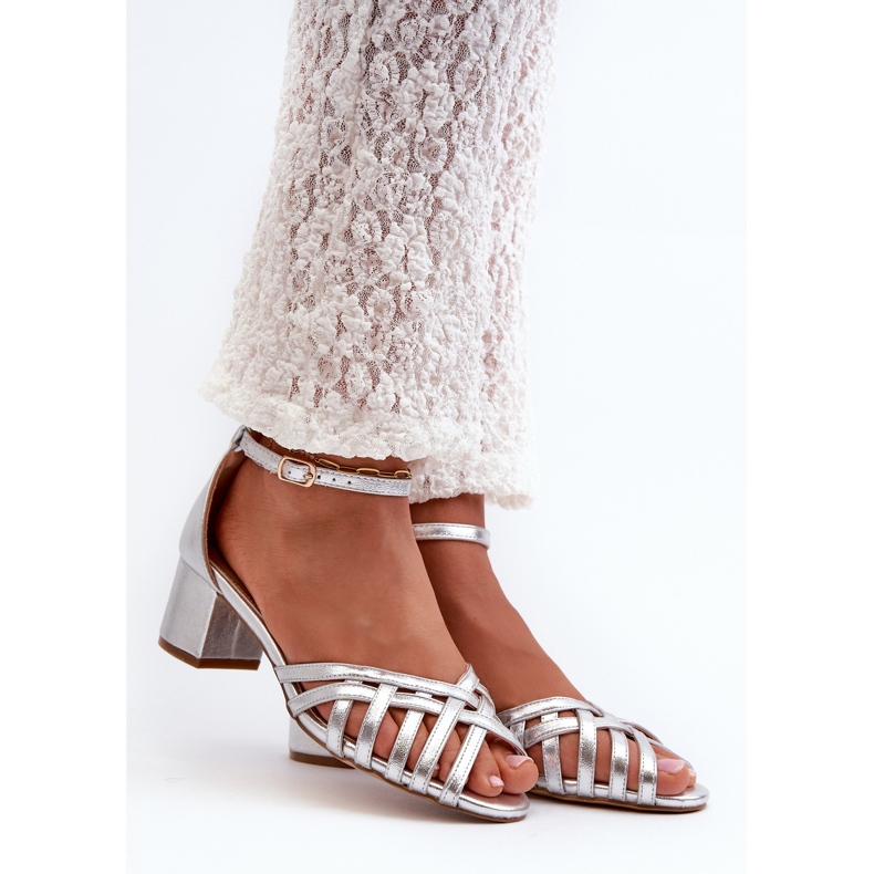 Ekologisk lädersandaler för kvinnor med lågklackat silver Monsha silver- 1