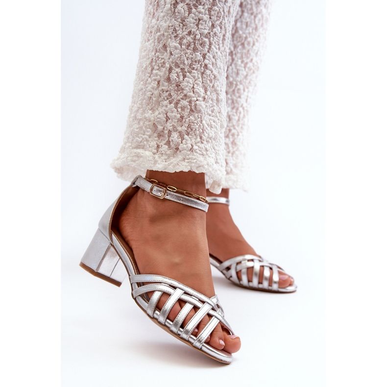 Ekologisk lädersandaler för kvinnor med lågklackat silver Monsha silver- 2