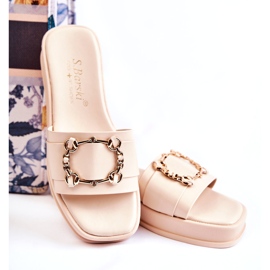 S.Barski Fashionabla läderflip-flops för kvinnor med gulddekoration, beige 3