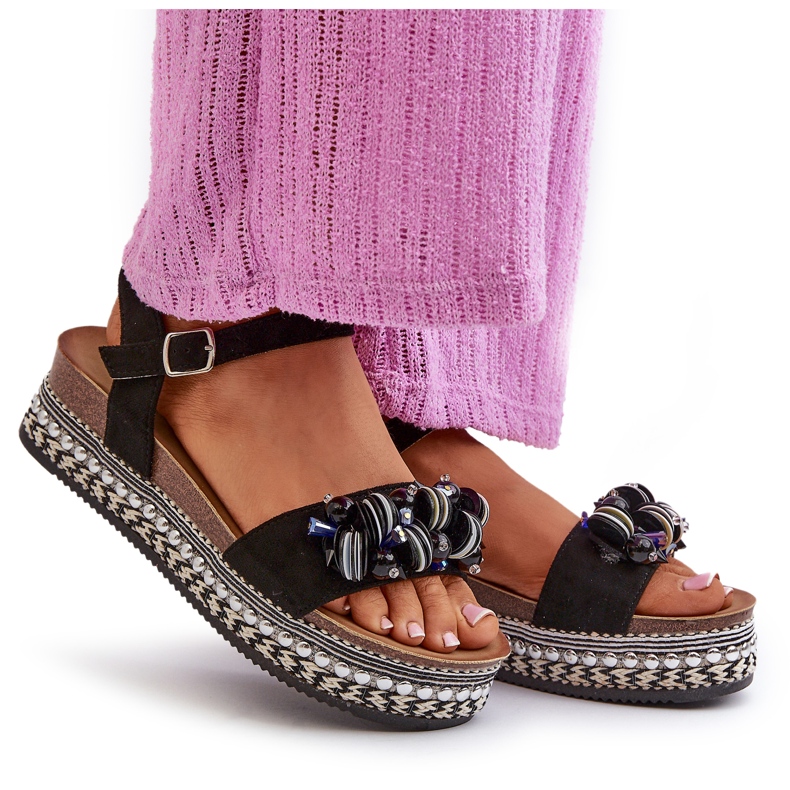 S.Barski Kvinnors sandaler på kil och plattform med dekorationer S. Barski HY056 Black svart 4