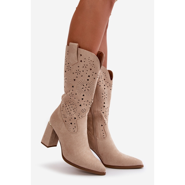 Genombrutna stövlar för kvinnor på hög klack med spetsiga tår, Eco Mocka Beige Nevitra 1